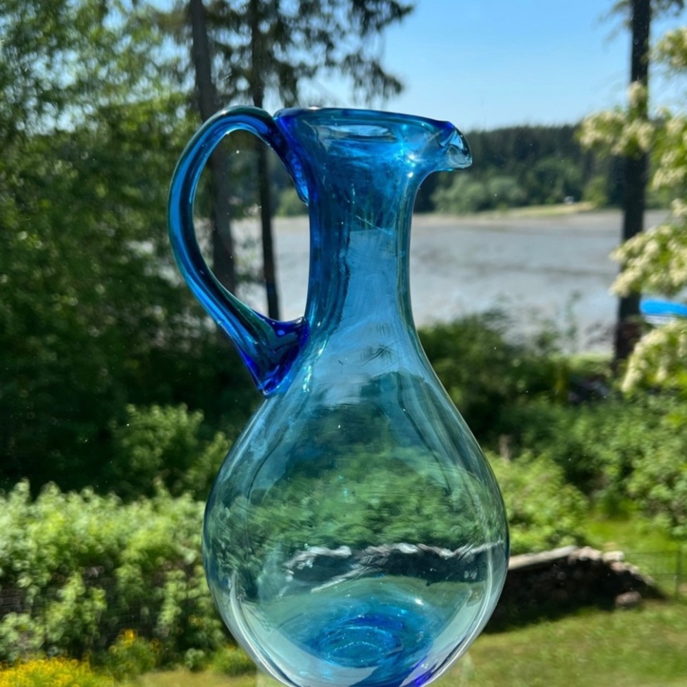 Vintage Blue Art Glass Handblown  8” Pitcher Jug Pinched Spout Applied Handle